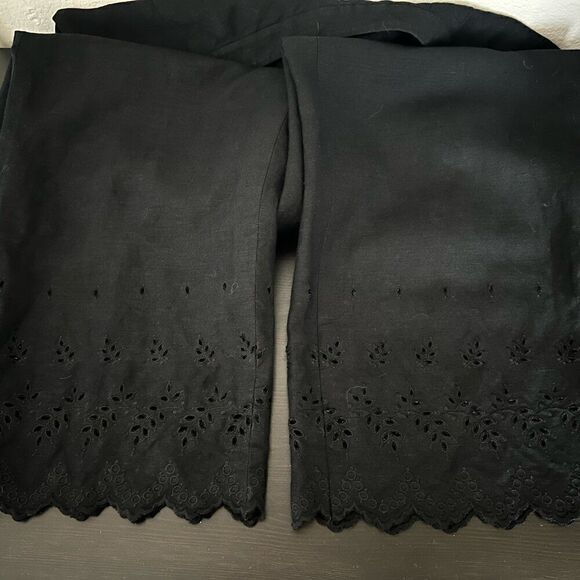 Ann Taylor Loft Pants 14 Womens Embroidered Scalloped Eyelet Bottom Black Linen - Picture 6 of 9